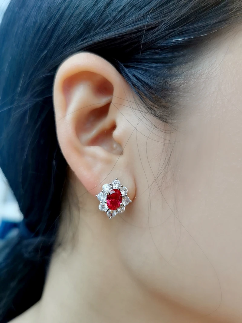 

Charms 925 Sterling Silver 6*8MM Ruby Flower Design Earrings For Women Wedding Party Fine Jewelry Wholesale