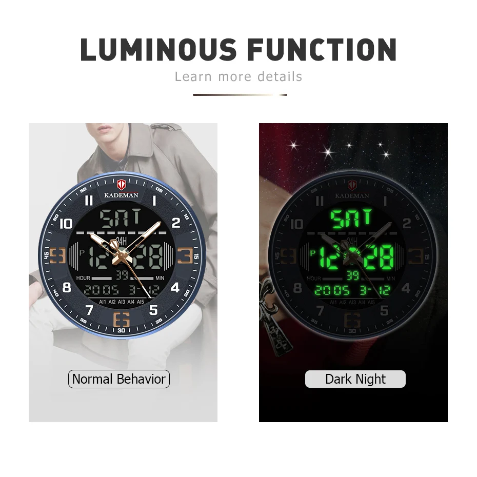 

KADEMAN Casual Men Clock Male Wrist Watch Men's LED Dual Display Waterproof Watches Man Fashion Big Dial Quartz Wristwatches