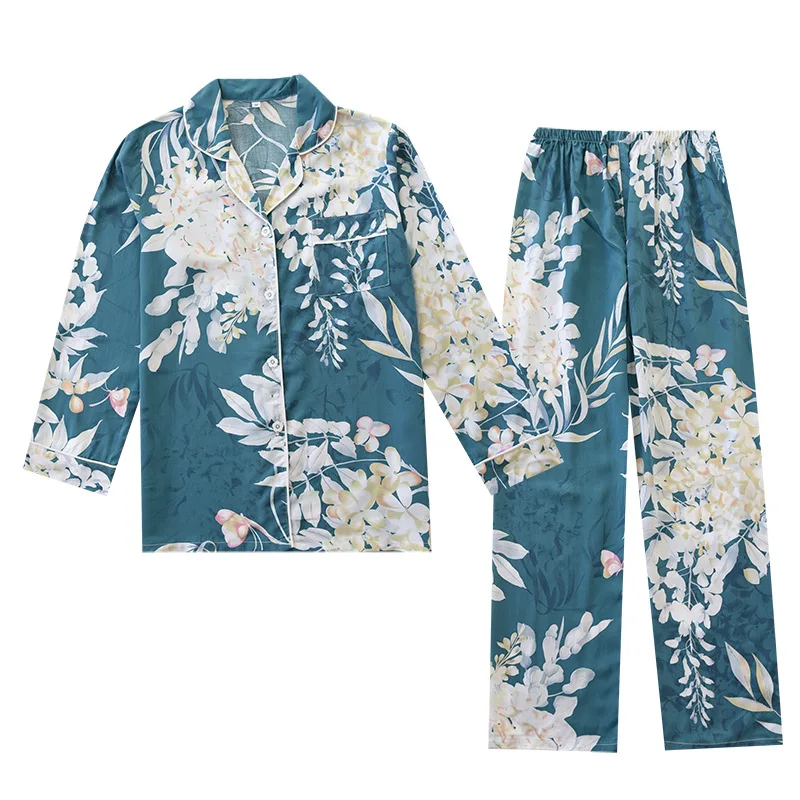 Spring/summer Women Pajamas Set Cotton Silk Thin Long Sleeve Women's Sleepwear Trouser  Rayon Fashion Loose Homewear Two Pieces