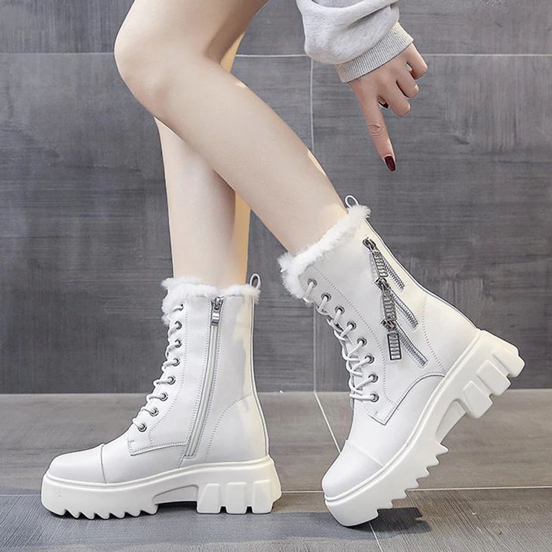 

Winter Leather White Snow Boots Women Shoes Female Thick Sole Fashion Warm Plush Waterproof Booties Botines Mujer Femmes Bottes