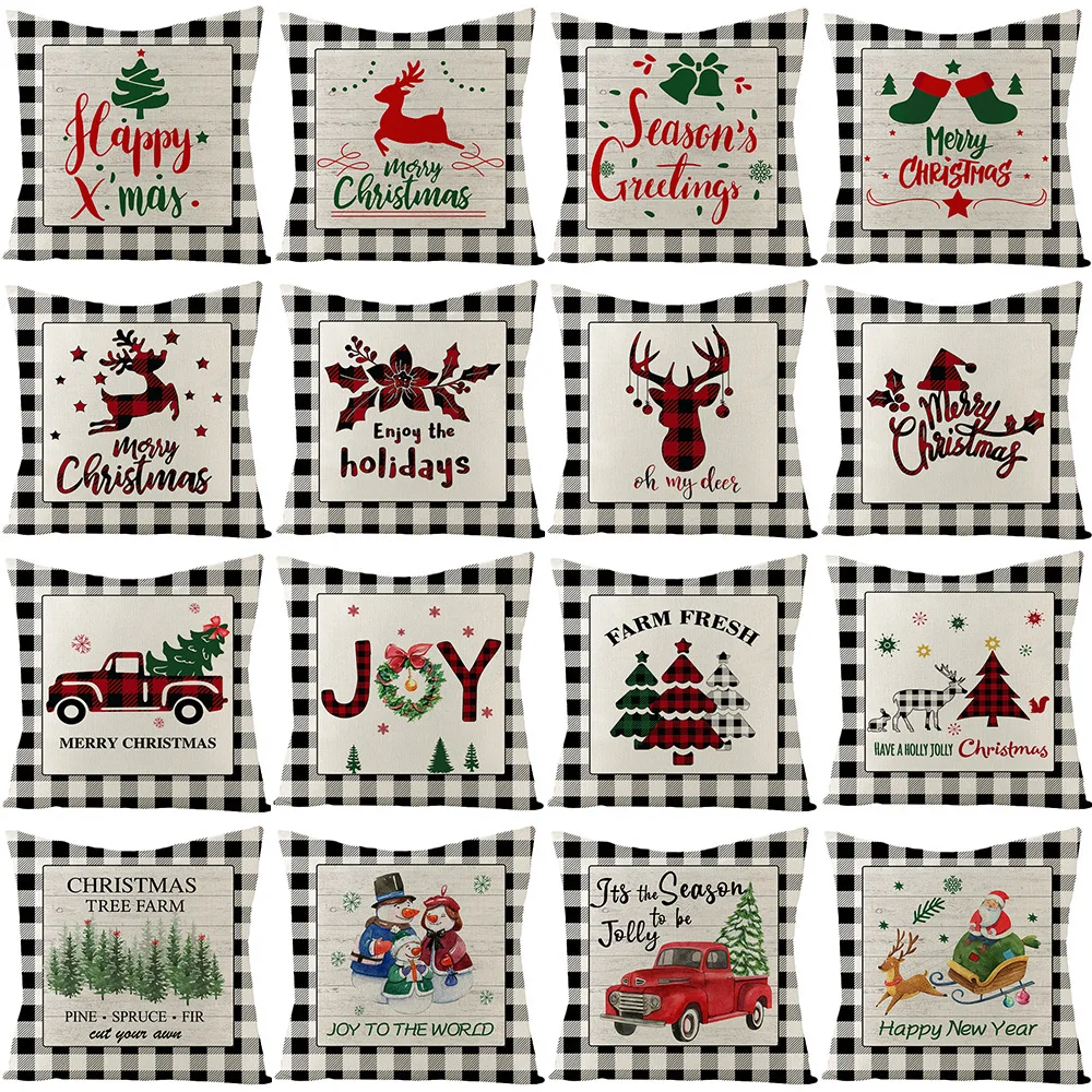 

New Arrival Square Christmas Red Green Tree Lattice Printed Pillowcase Holiday Home Sofa Living Room Decoration Cushion Cover
