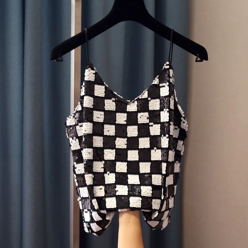 Plaid Colorful Sequins Camisole Women's Outer Wear Autumn New Korean-Style V-neck Sexy Sleeveless Top Camisole Tanks Femme