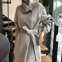 one piece korean woolen coat 2020 winter french elegant office ladies stand up collar loose warm woolen coat women long coats
