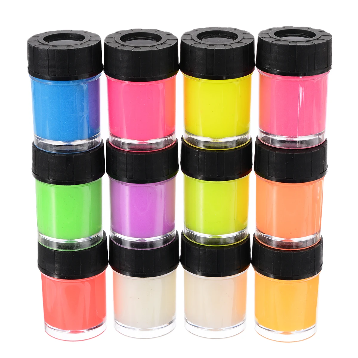 Набор красок из 12 бутылочек неоновой светящейся акриловой краски и 2 кисточки для бумаги, гипсовых стен и других поверхностей.