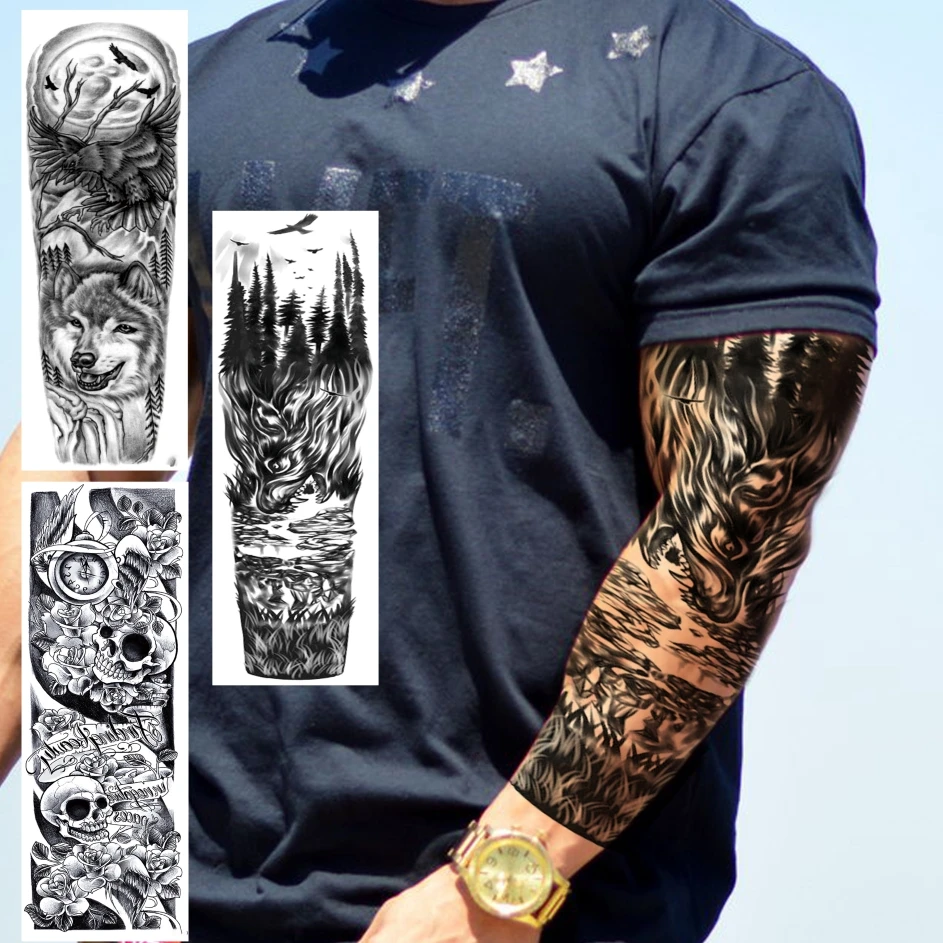 

Realistic Forest Eagle Wolf Full Arm Fake Tattoo Sticker For Men Women Skull Birds Temporary Tattoos Sleeve Body Art Tatoo Paper