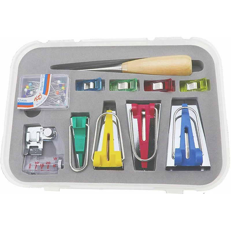 

Fabric Bias Binding Tape Maker Kit Binder Foot Wooden Awl Clips Pins Household DIY Sewing Quilting Tool Set