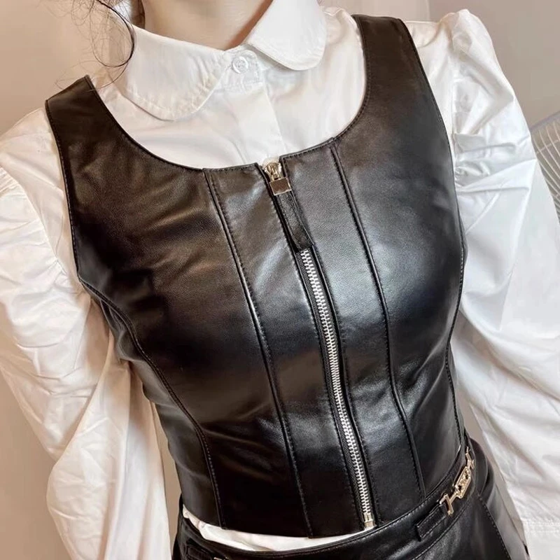 Women's Vest Spring Autumn Genuine Leather Waistcoat With Belt Female Korean Fashion Simple Big Pocket Round Neck