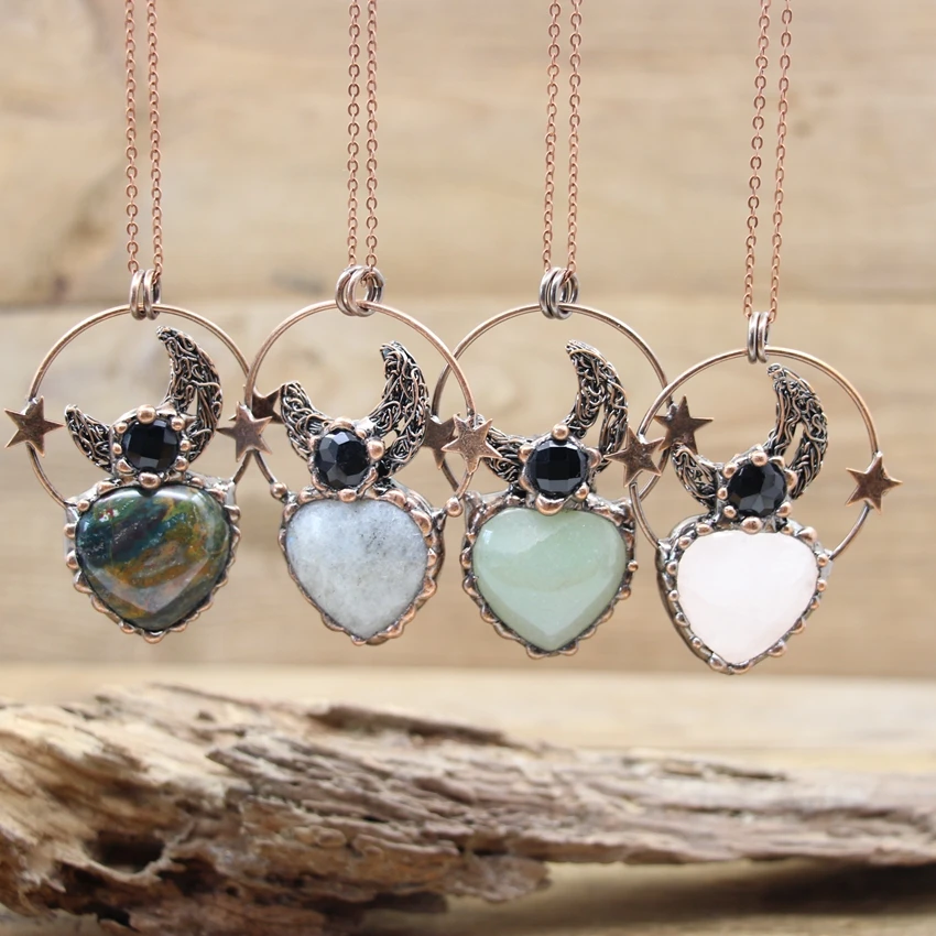 

Natural Stone Heart Soldered Bronze Star Moon Pendants Crystal Labradorite Aventurine Antique Copper Necklaces Jewelry,QC3223