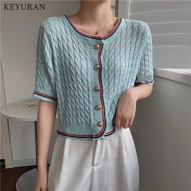 

Thin Summer Knitted Cardigan Sweater Women Short Sleeve O-neck Single Breasted Knitwear Tops Korean Elegant Ladies T Shirtts