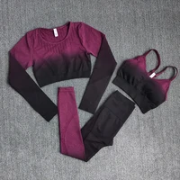 ombre women yoga set workout long sleeve crop top sports bra seamless leggings gym clothing fitness sportswear sports suits