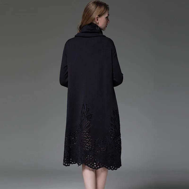 

Brand High Quality Fashion Long Sweater Dress 2021 Autumn Winter Turtleneck Hollow Out Embroidery Long Sleeve Knitted Dress 2XL