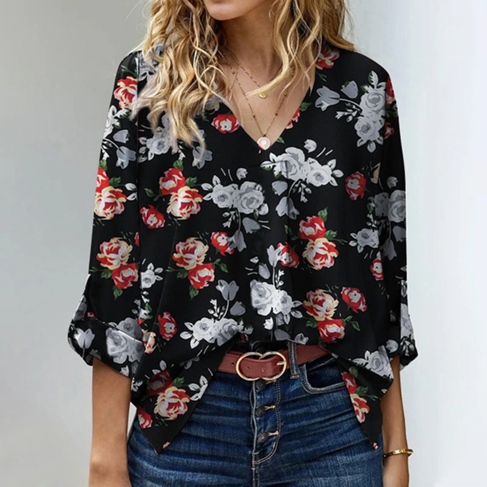 

Fashion Floral Printed Blouse Shirt Casual Loose V-Neck Tee Tops Casual Summer Ladies Female Women Long Sleeve Blusas Pullovers