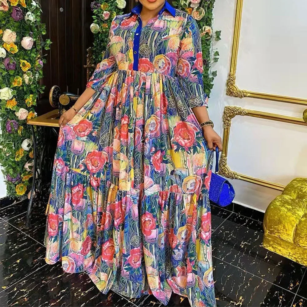 

2021 New Fashion Commuting Temperament African Folk Ethnic Style Women's Dress Collar Contrast Color Retro Print Long Skirt