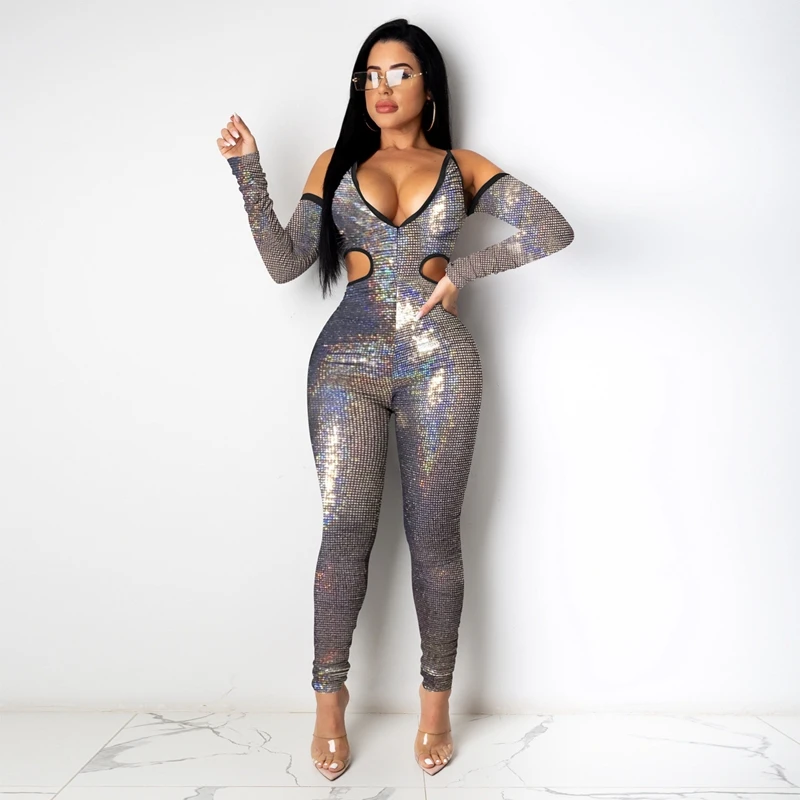 

Shiny Bodycon Hollow Jumpsuit Long Sleeve Deep V 2021 Summer Clothes for Women Sexy Outfits One Piece Night Club Romper
