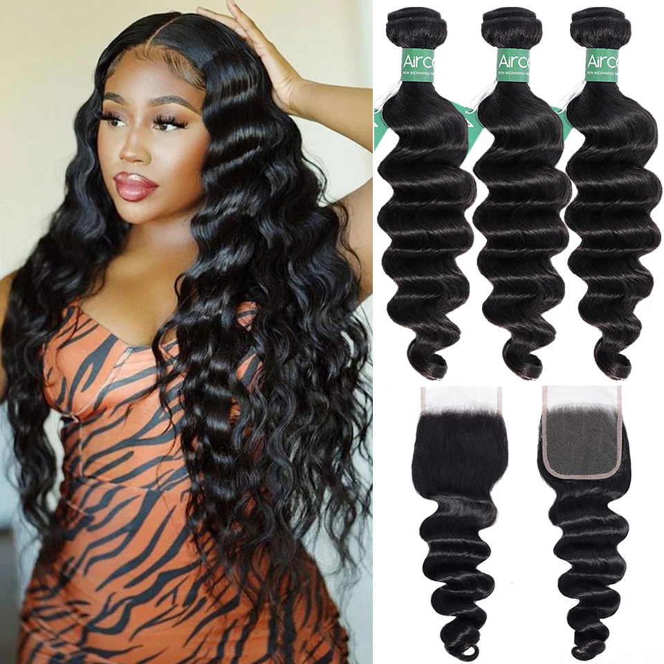 

Aircabin Loose Deep Wave Bundles With Closure Brazilian Remy Human Hair Weave Bundles With Lace Closure 3/4 Bundles With Closure