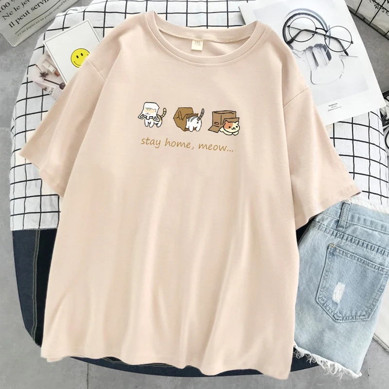 Stay Home , Meow Cats Personality Print Women's T-Shirts O-Neck Sweat T Shirts Casual Brand Tee Clothes Summer Street Tops Women