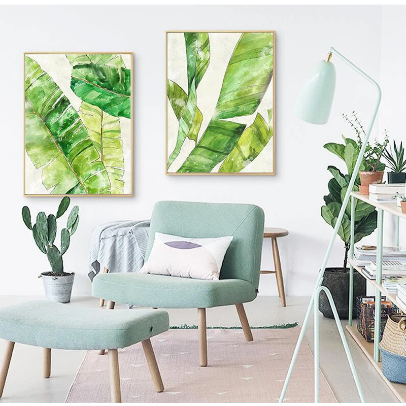 Watercolor Tropical Plant Green Leaves Canvas Painting Art Print Poster Picture Wall Modern Minimalist Bedroom Living Room Décor | Дом и сад