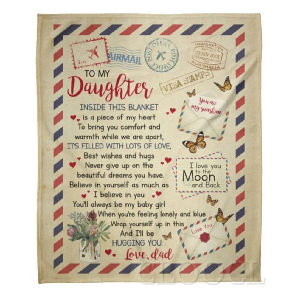 

CLOOCL To My Daughter Flannel Blankets From Dad To My Daughter Inside This Blanket Letter Airmail Envelope Mail Plush Quilts