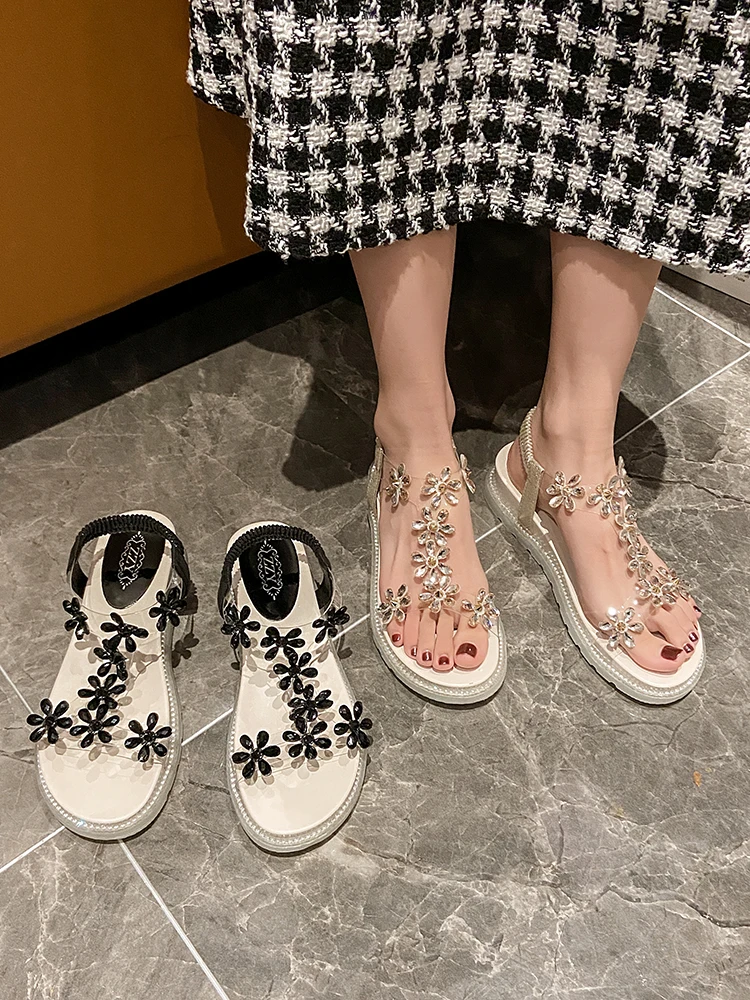 

Summer new fashion sweet flower sandals exquisite rhinestone women's shoes all-match thick-soled Roman shoes