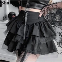 black mall goth mesh patchwork lace up pleated skirt e girl punk gothic layed ruffles skirts dark academia mini kawaii skirt y2k