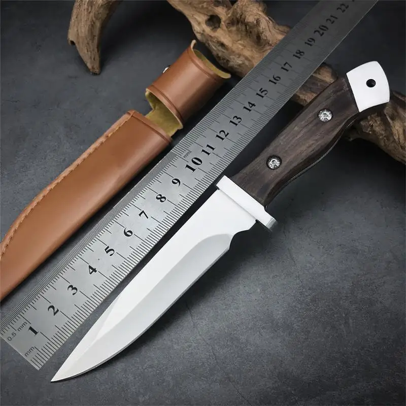 

Free Shipping BK 2008 Fixed Blade Knife 5CR13MOV Blade Wood Handle Tactical Survival Defense Hunting Knives PU Leather Sheath