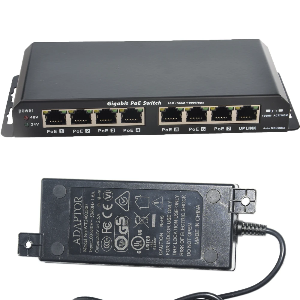 8-портовый неуправляемый гигабитный коммутатор Ethernet PoE для устройств 802.3af/24В с 24v60w
