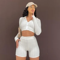 fitness sporty two piece set woman long sleeve turn down collar zipper crop top and slim shorts femme streetwear outfits