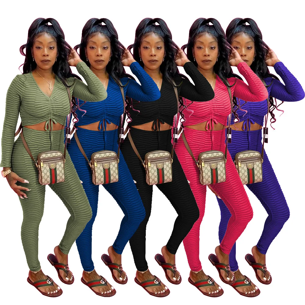 

Wholesale 2 Piece Women Clothes Lounge Wear Set Stacked Long Sleeve Sexy Top + High Waist Pants Sweatpants Tracksuit