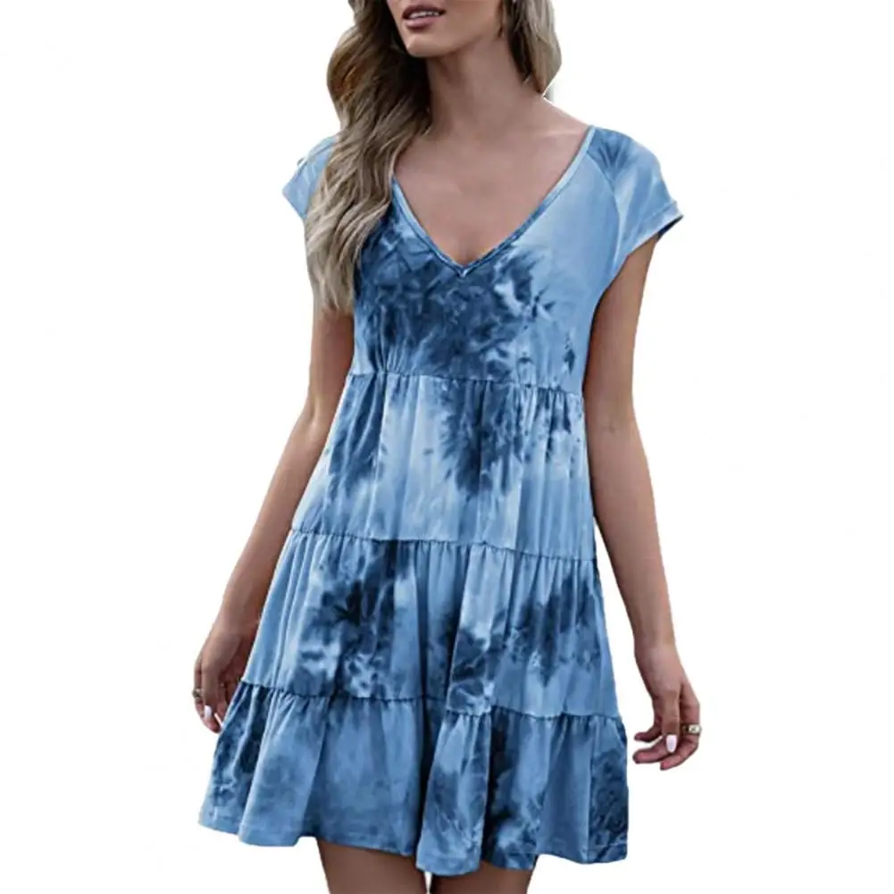 

Hot Sales Women Mini Dress V Neck Tie Dye Print Short Sleeve Dress Streetwear for Party
