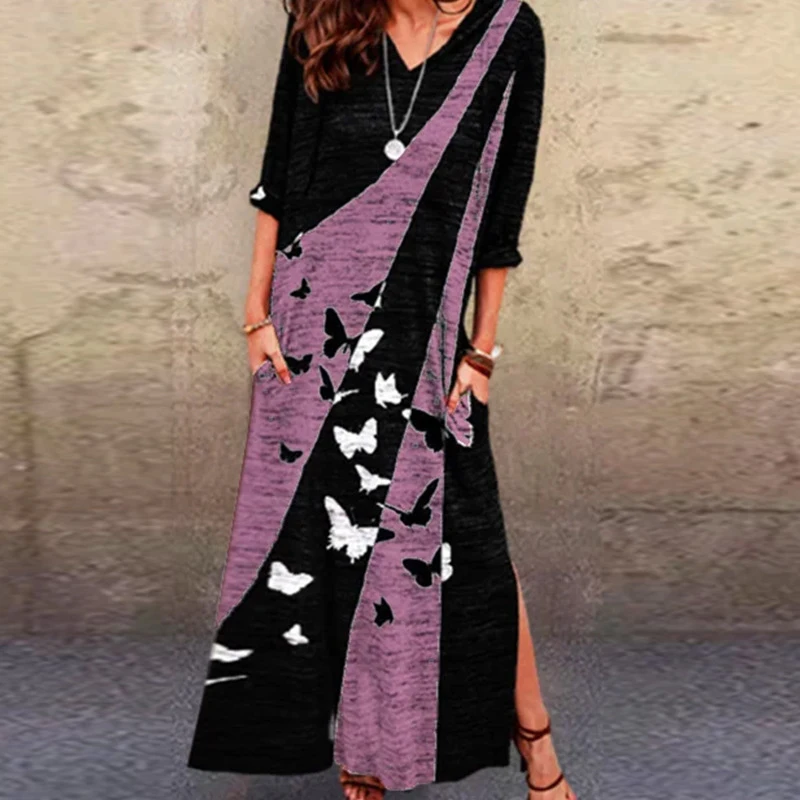 

Vestidos Spring 2021 New Fashion Elegant Maxi Party Dress Summer Butterfly Printed Dress Women V-neck Short Sleeve Split Dresses