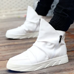 Модные плиссированные кожаные мужские повседневные ботинки, весна-осень, новые мужские ботинки с высоким берцем, мужские ботинки, повседневная обувь на молнии, белые