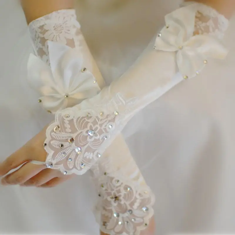 

Women Bridal Long Gloves Fingerless Floral Lace Patchwork Mittens Glitter Rhinestone Big Bowknot Elbow Length Hook Finger Warmer