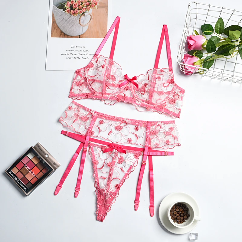 

Women's thong Christmas lace embroidery large flower leaf splicing sexy gathering underwear shaping three piece set