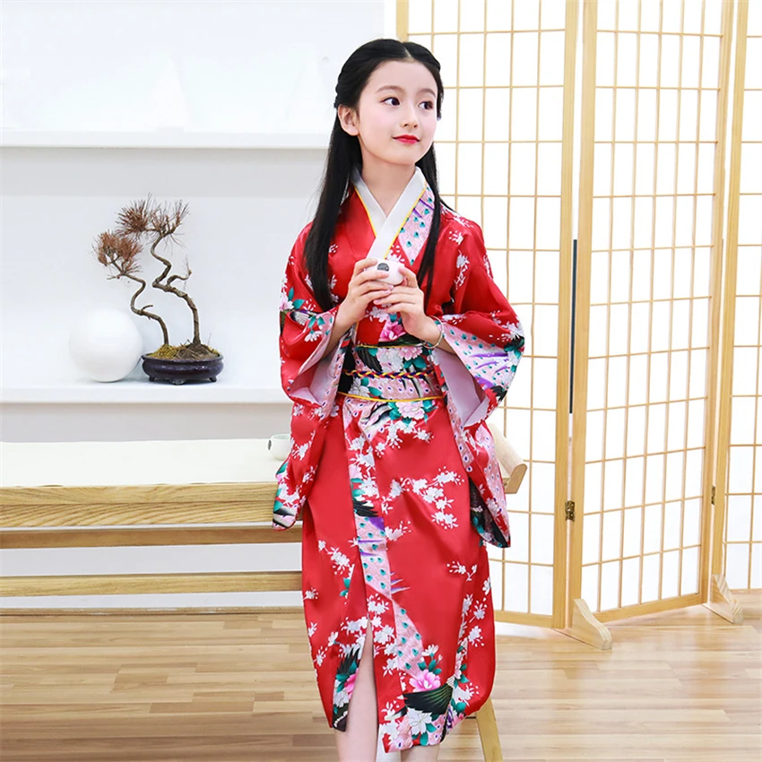 

8Color Traditional Japanese Girls Kimono Asian Obi Dress Silk Print Peacock Long Sleeve Fashion Haori Clothing Kids Dresses