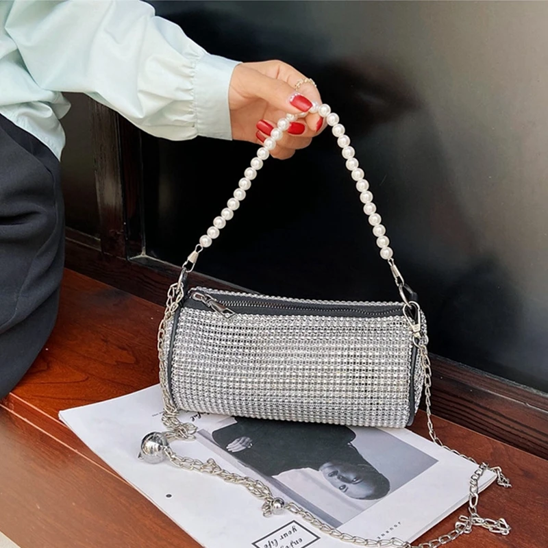 

Shiny Crystal Crossbody Bags For Women 2021 Female Pearl Chain Shoulder Bag Lady Wedding Party Banquet Purses and Handbags