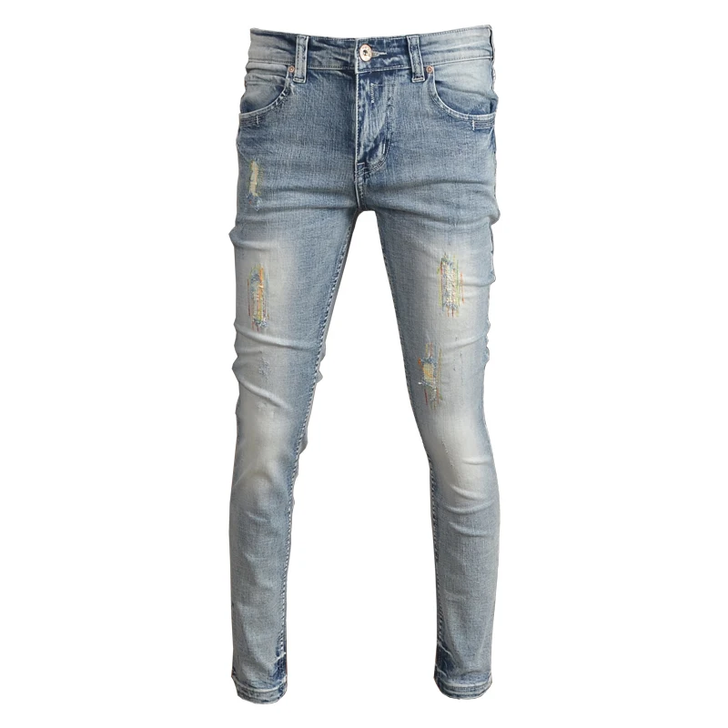 Men Blue Jeans Fashion Embroidery Cotton Slim Fit Pants Streetwear Ripped Stretch Denim Trousers