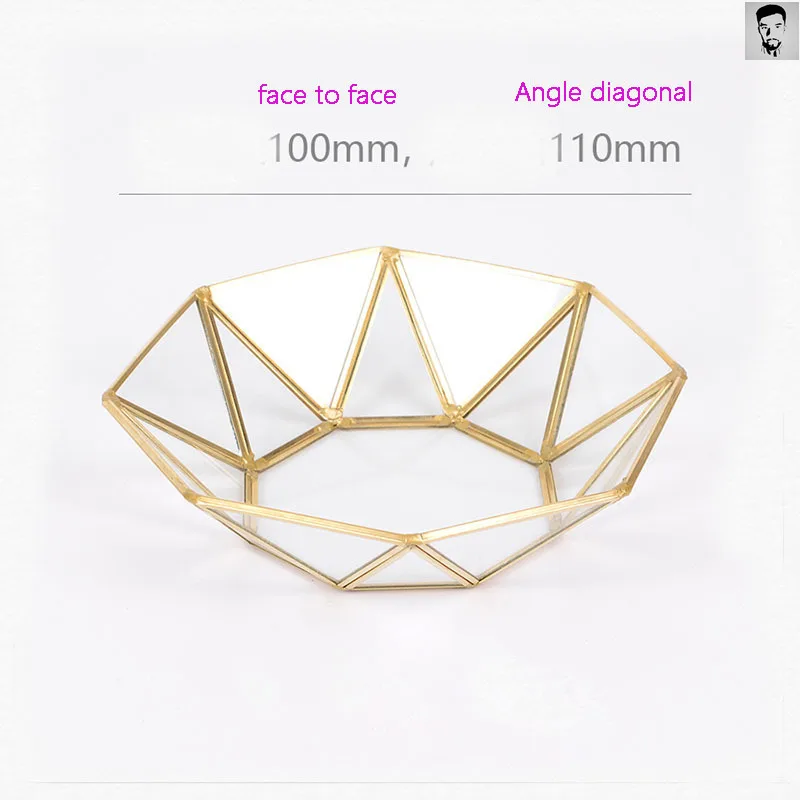 

2021 NEW Brass Storage Tray Golden Polygon Glass Snack Plate Makeup Jewelry Plate Home Kitchen Decor