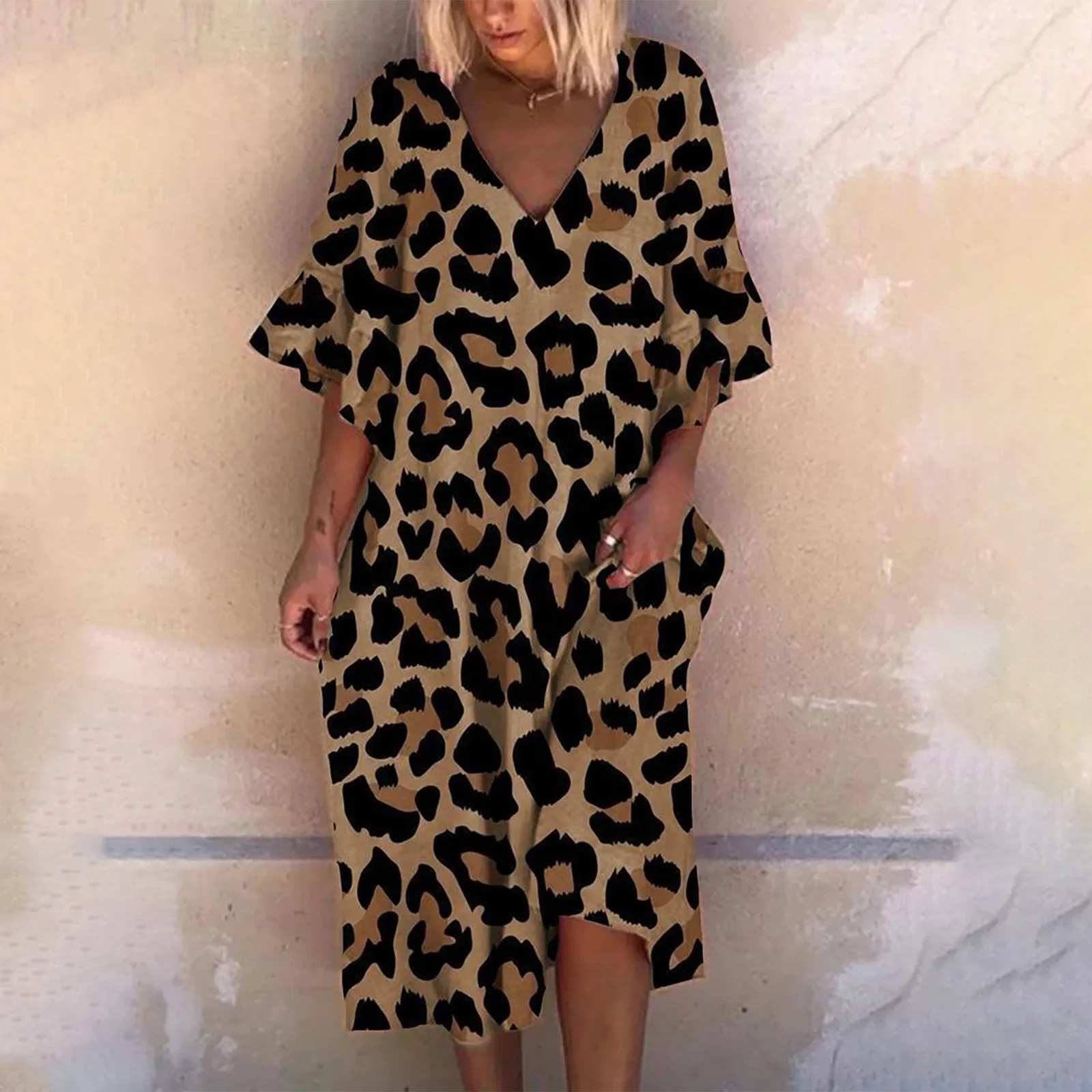 Женское леопардовое платье с коротким рукавом и V образным вырезом|Женские