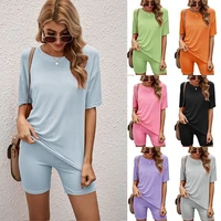 2021spring and summer new womens pajamas solid color short sleeved shorts casual home wear pijamas women sleepwear sleep tops