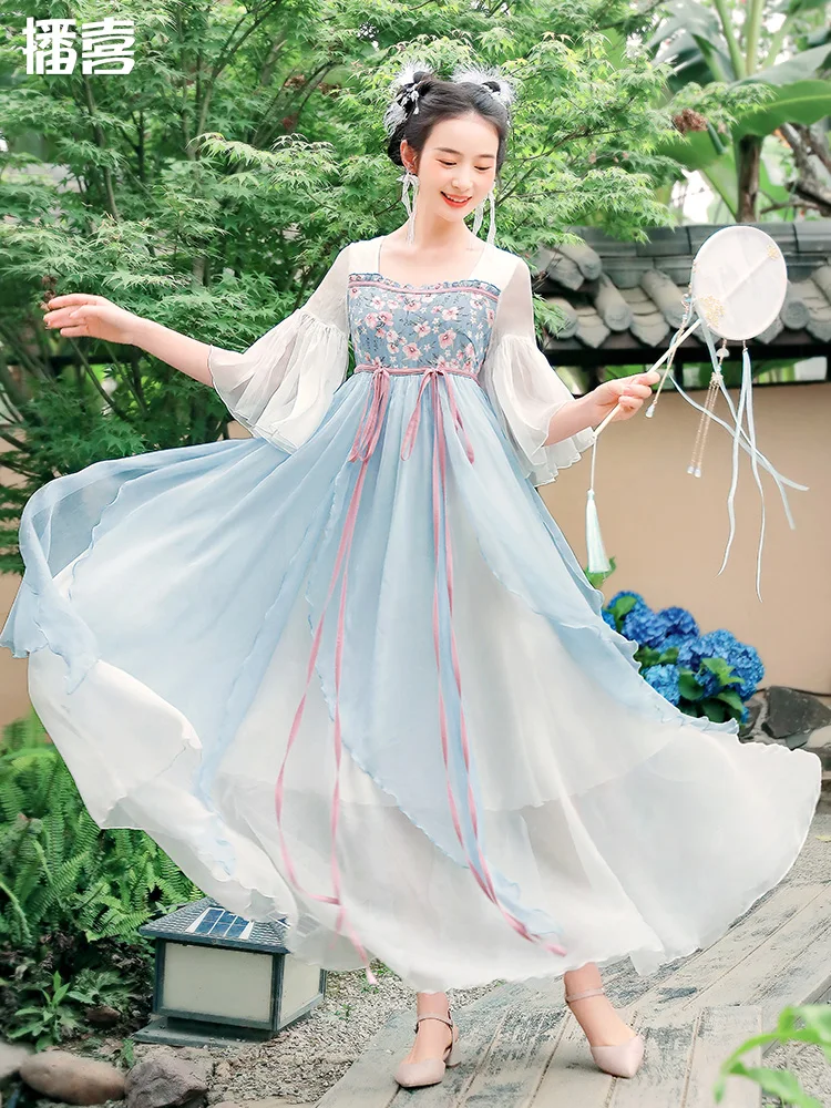 TIYIHAILEY Free Shipping 2022 New Boshow Summer High Waist Print Long Maxi S-L Flower Chiffon Ruffles Dress Blue Chinese Style