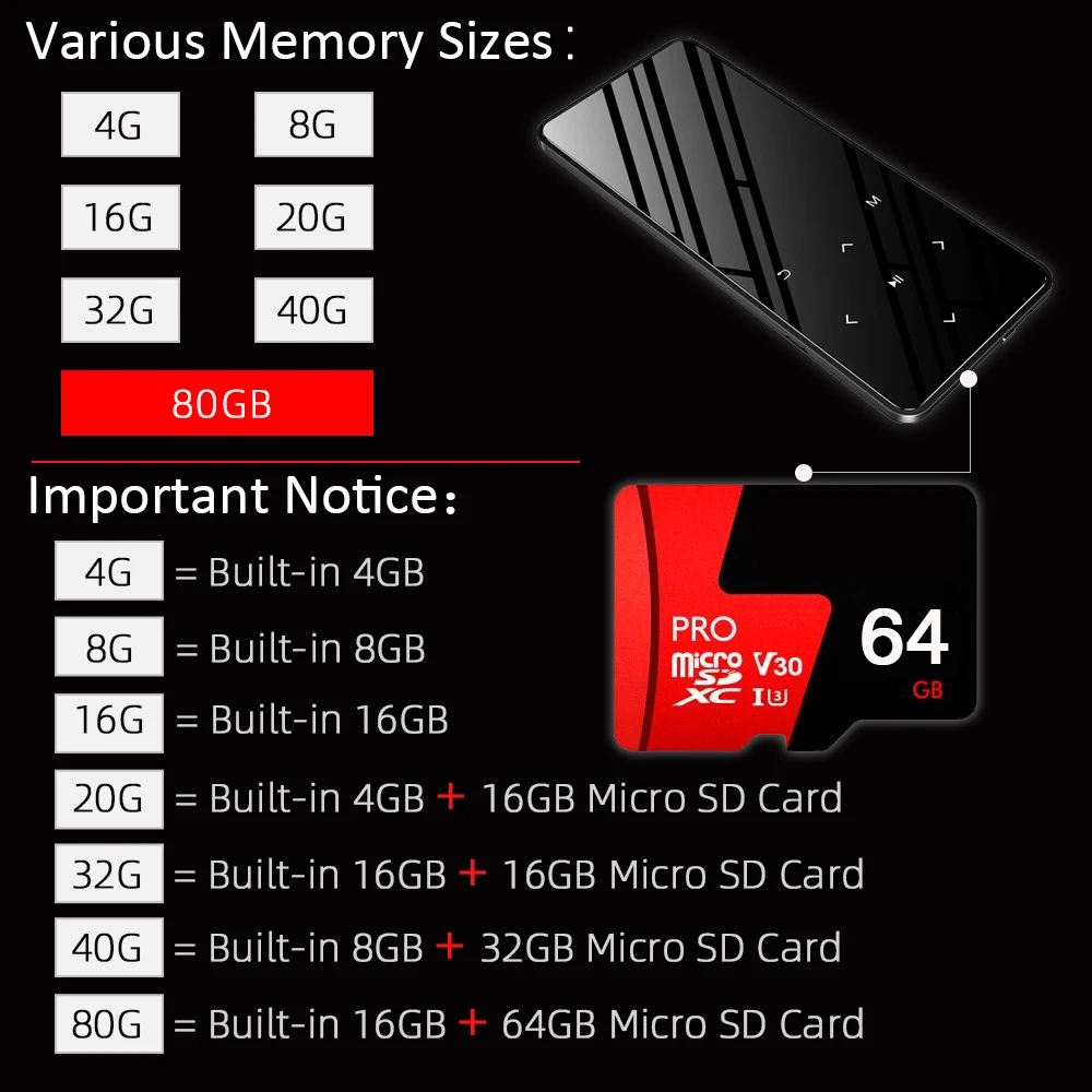 REDANT MP4 плеер с Bluetooth FM радио встроенный динамик сенсорные клавиши 8 ГБ 16 32 40 МП 4 HiFi