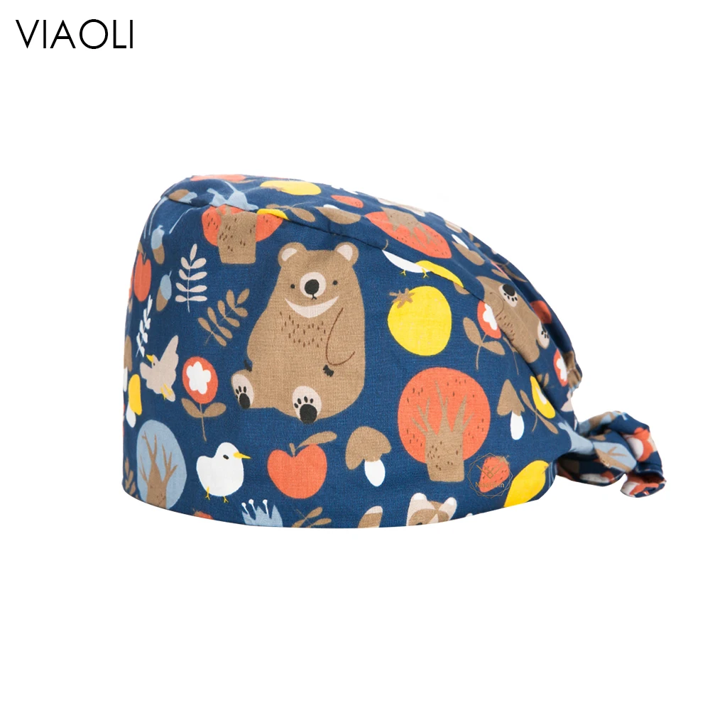 

new wholesale Breathable cartoon Anima printing Tieback Scrubs hats pet shop Beautician cute hats laboratory unisex Scrubs caps