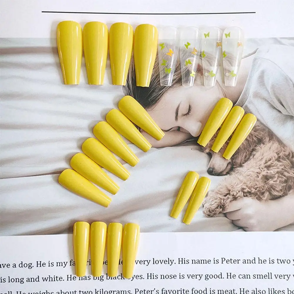 Yellow Butterfly Fake Nails Summer Elegant Press On Nail Manicure False Tips Long Coffin Cover Nails Artificial Full Z1D4