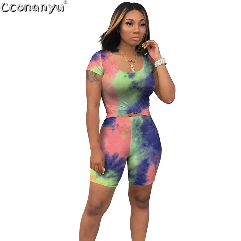 

Women Tie Dye Print Two Piece Set Sexy Shorts Sleeve T Shirt Top And Shorts Pant 2020 Summer Streetwear Suit Outfits