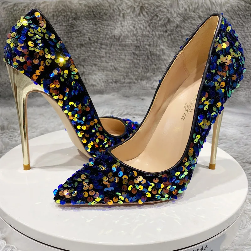 

Free shipping fashion women pumps gold blue glitter pointy toe stripper stiletto high heels shoes bridal wedding shoes 12cm 10cm