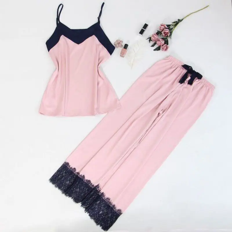 Smmoloa Women Sexy Silk Pajamas Satin Lace Tank+Robe+Pant Pijamas 3 Piece Sets Pyjama | Женская одежда