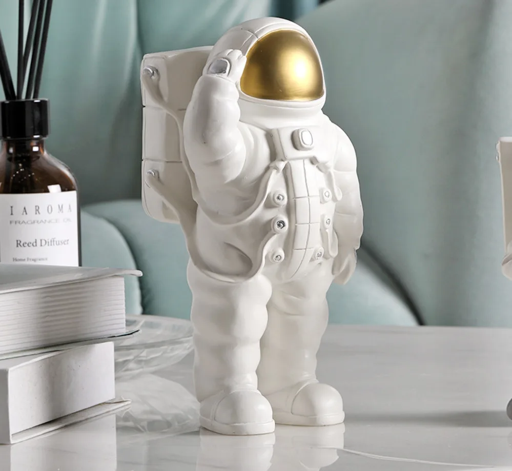 

White Astronaut Figure Supports Phone Cosmonaut Statue Space Man Sculpture Decoration of the House Figures Living Distance