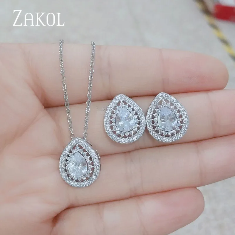 ZAKOL Classic Micro Mosaic Cubic Zirconia Drop Stud Earrings Pendant Set Bridal Jewelry Women Wedding Anniversary Gift FSSP3028 | Украшения