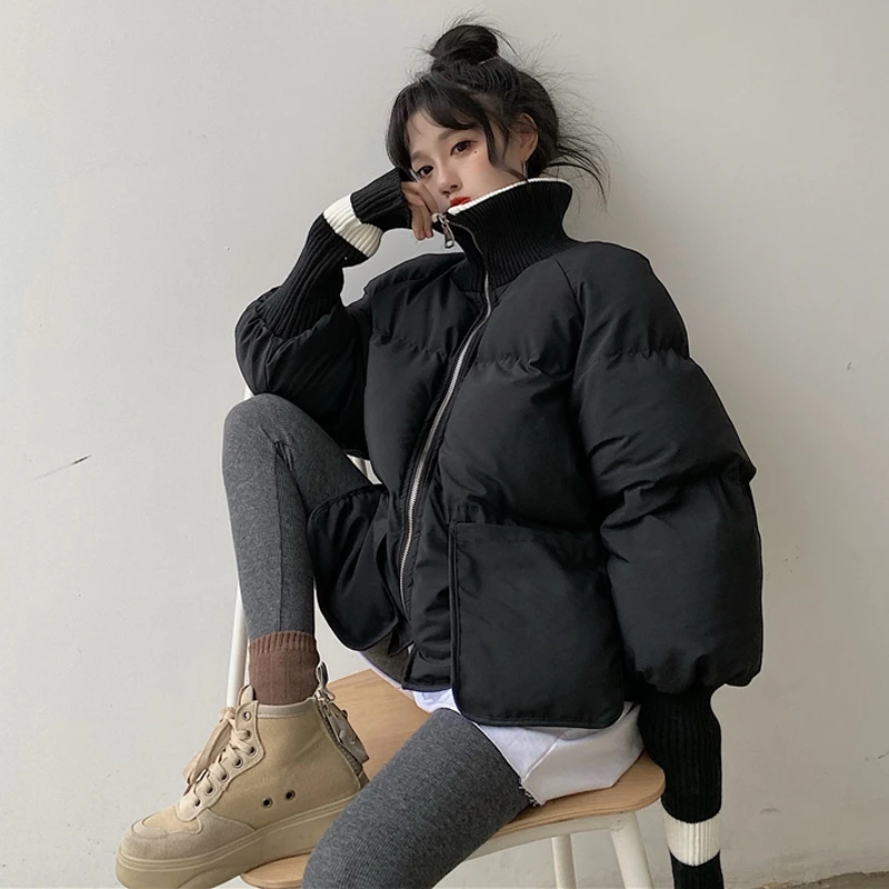 

Loose Overcoat Harajuku Streetwear Big Size Short Coat Long Sleeve Stang Neck Padded Jacket Woman Thick Warm Winter