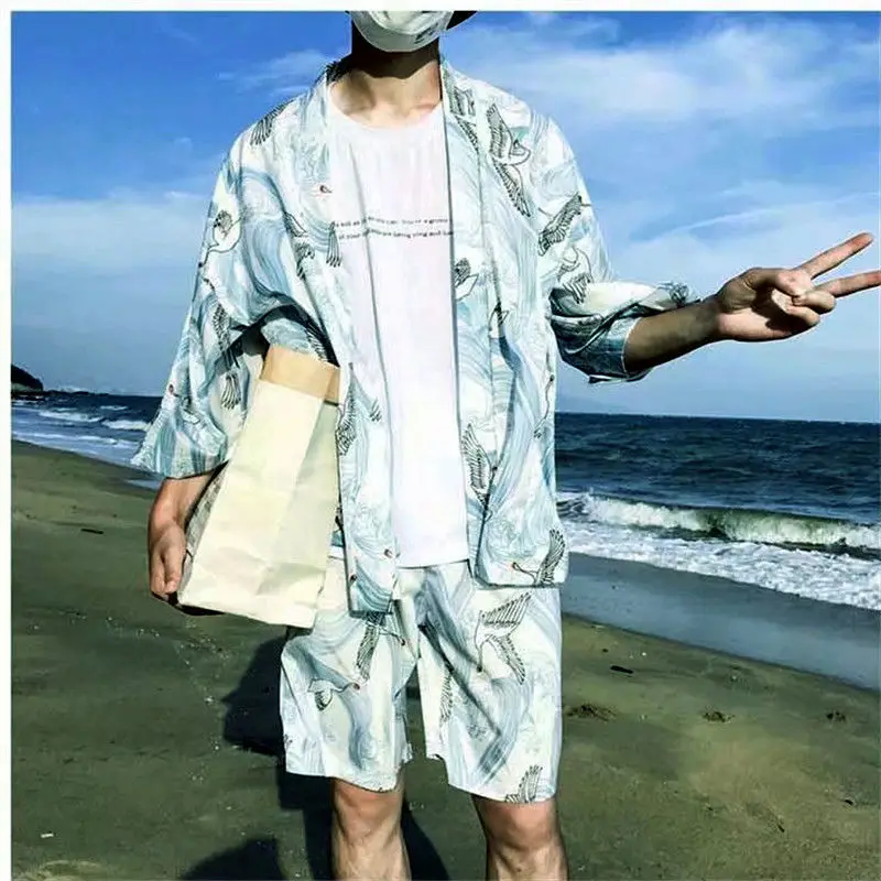 

New Men's Seaside Wear Printed 2021 Summer Hip-hop Short-sleeved Button Shirt Beach Shorts Street Wear Casual Men's 2-piece Set